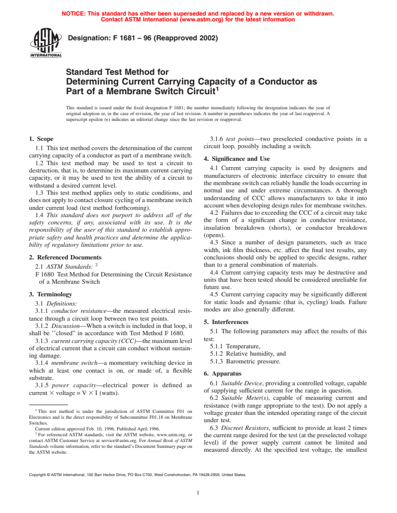 ASTM F1681-96(2002) - Standard Test Method for Determining Current Carrying Capacity of a Conductor as Part of a Membrane Switch Circuit