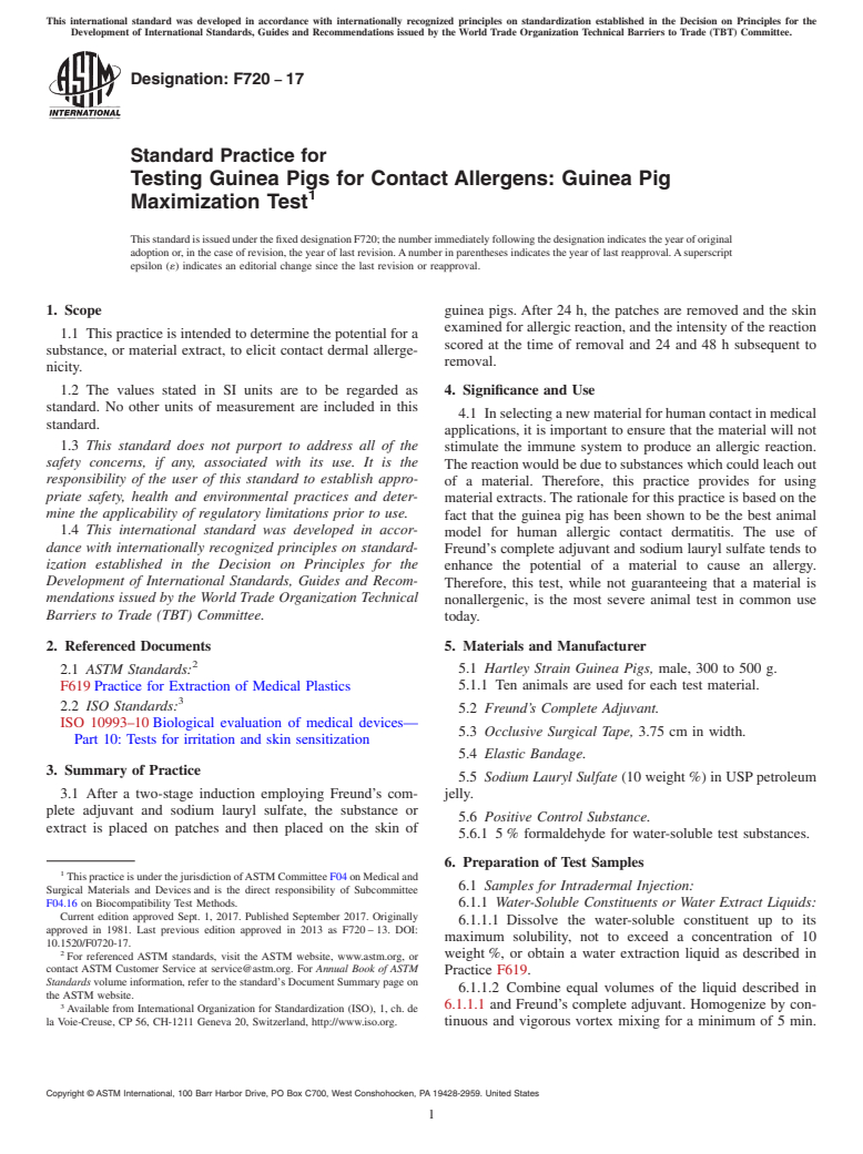 ASTM F720-17 - Standard Practice for  Testing Guinea Pigs for Contact Allergens: Guinea Pig Maximization  Test