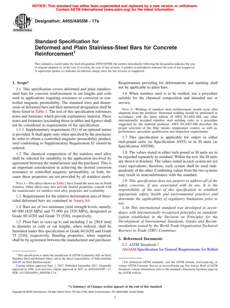 ASTM A955/A955M-17a - Standard Specification for  Deformed and Plain Stainless-Steel Bars for Concrete Reinforcement