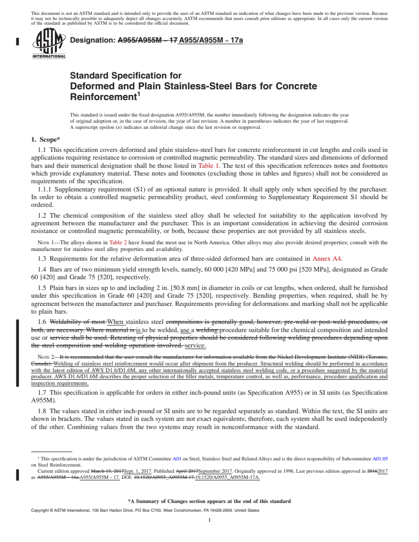 REDLINE ASTM A955/A955M-17a - Standard Specification for  Deformed and Plain Stainless-Steel Bars for Concrete Reinforcement