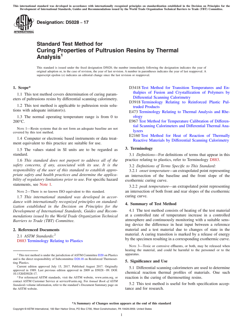 ASTM D5028-17 - Standard Test Method for  Curing Properties of Pultrusion Resins by Thermal Analysis