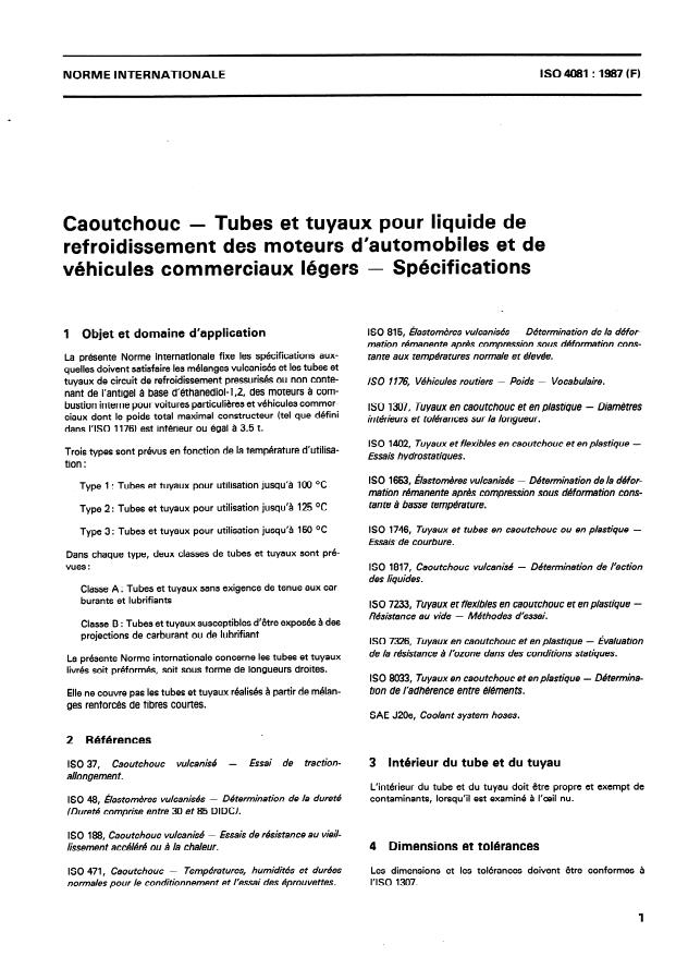 ISO 4081:1987 - Caoutchouc -- Tubes et tuyaux pour liquide de refroidissement des moteurs d'automobiles et de véhicules commerciaux légers -- Spécifications