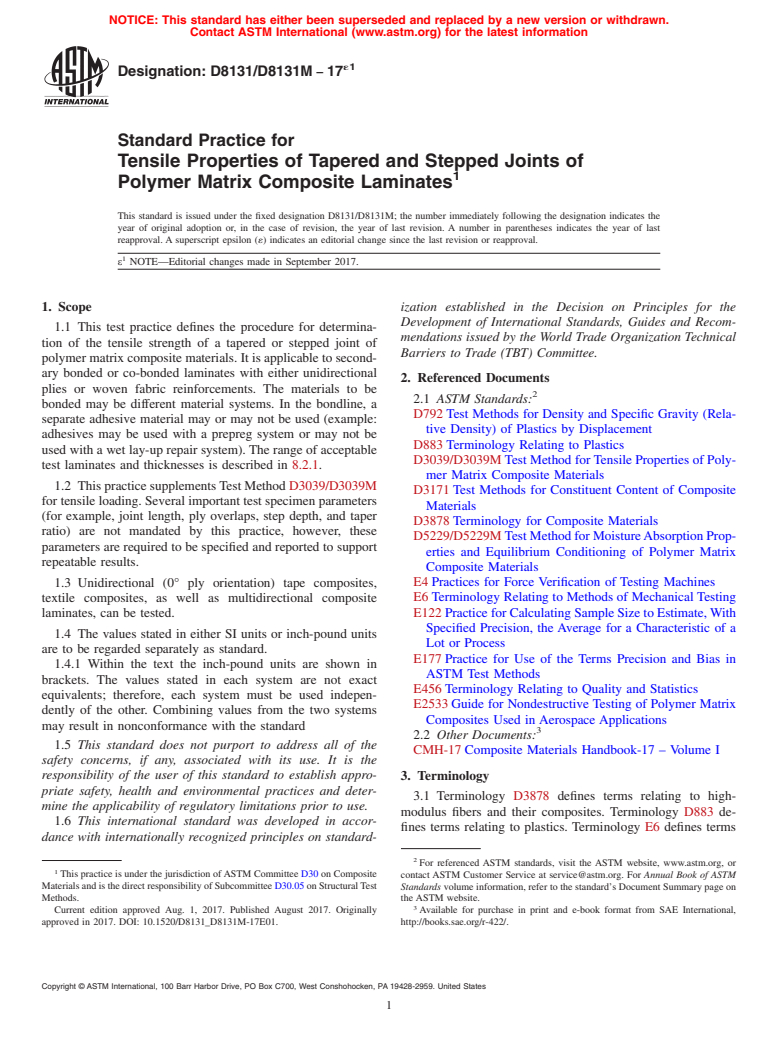 ASTM D8131/D8131M-17e1 - Standard Practice for  Tensile Properties of Tapered and Stepped Joints of Polymer  Matrix Composite Laminates