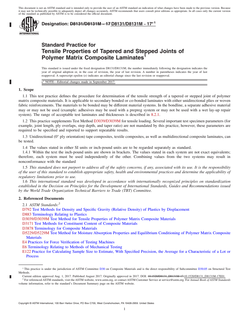 REDLINE ASTM D8131/D8131M-17e1 - Standard Practice for  Tensile Properties of Tapered and Stepped Joints of Polymer  Matrix Composite Laminates