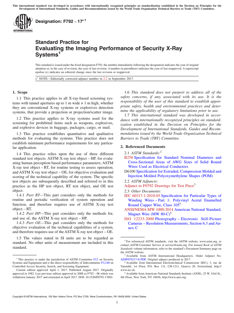 ASTM F792-17e1 - Standard Practice for  Evaluating the Imaging Performance of Security X-Ray Systems