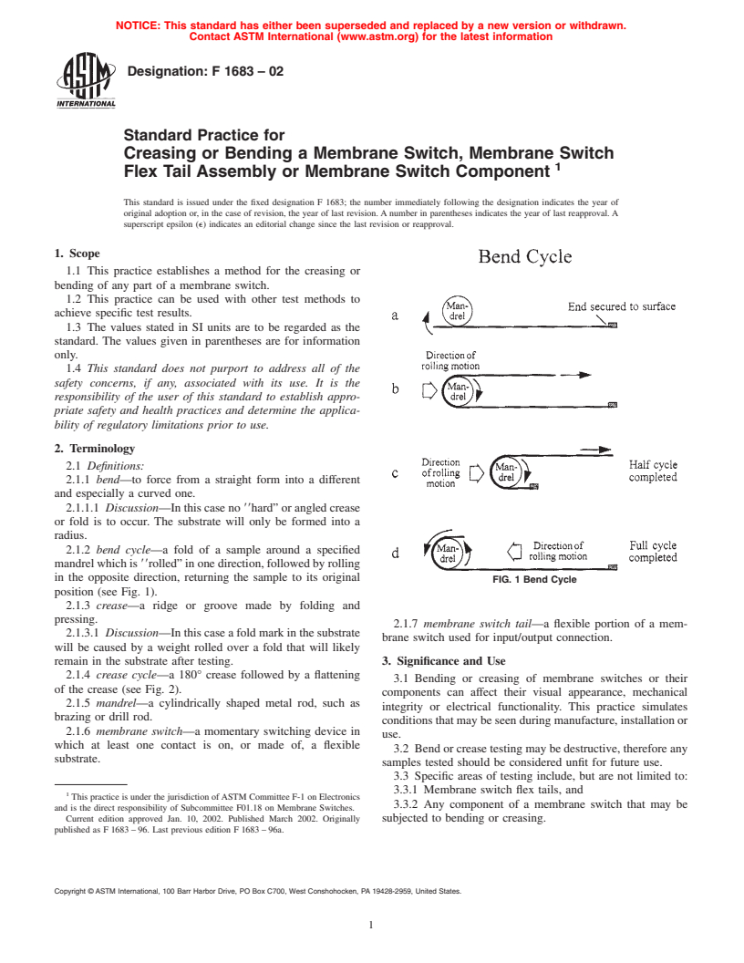 ASTM F1683-02 - Standard Practice for Creasing or Bending a Membrane Switch, Membrane Switch Tail Assembly or Membrane Switch Component