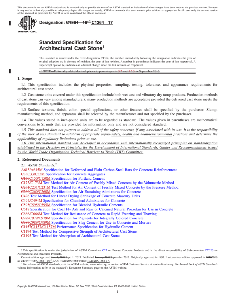 REDLINE ASTM C1364-17 - Standard Specification for  Architectural Cast Stone