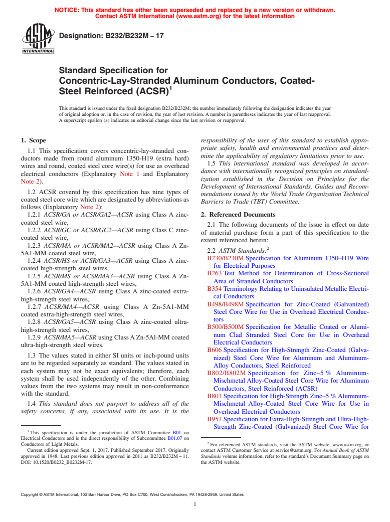 ASTM B232/B232M-17 - Standard Specification for Concentric-Lay-Stranded Aluminum Conductors, Coated-Steel Reinforced  (ACSR)