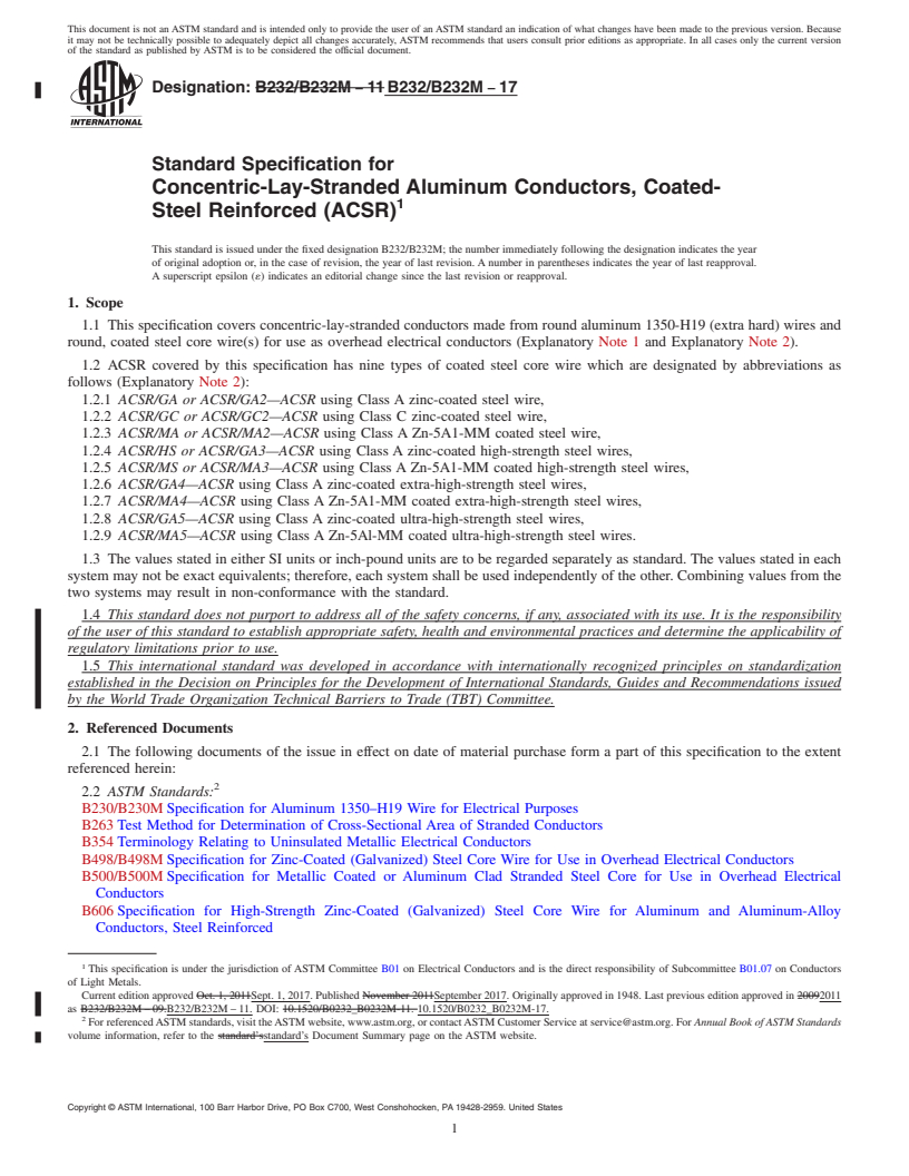 REDLINE ASTM B232/B232M-17 - Standard Specification for Concentric-Lay-Stranded Aluminum Conductors, Coated-Steel Reinforced  (ACSR)