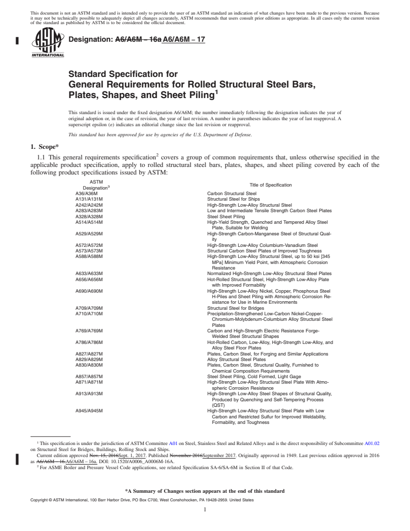 REDLINE ASTM A6/A6M-17 - Standard Specification for  General Requirements for Rolled Structural Steel Bars, Plates,    Shapes, and Sheet Piling