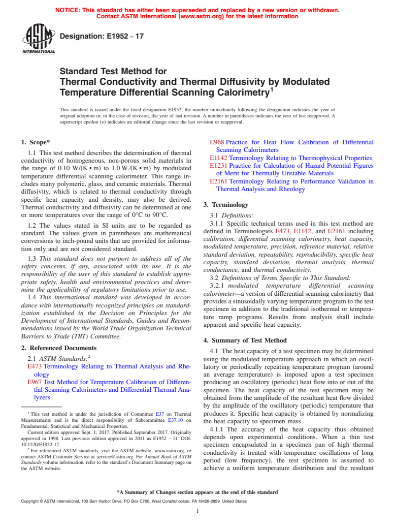 ASTM E1952-17 - Standard Test Method for  Thermal Conductivity and Thermal Diffusivity by Modulated Temperature  Differential Scanning Calorimetry