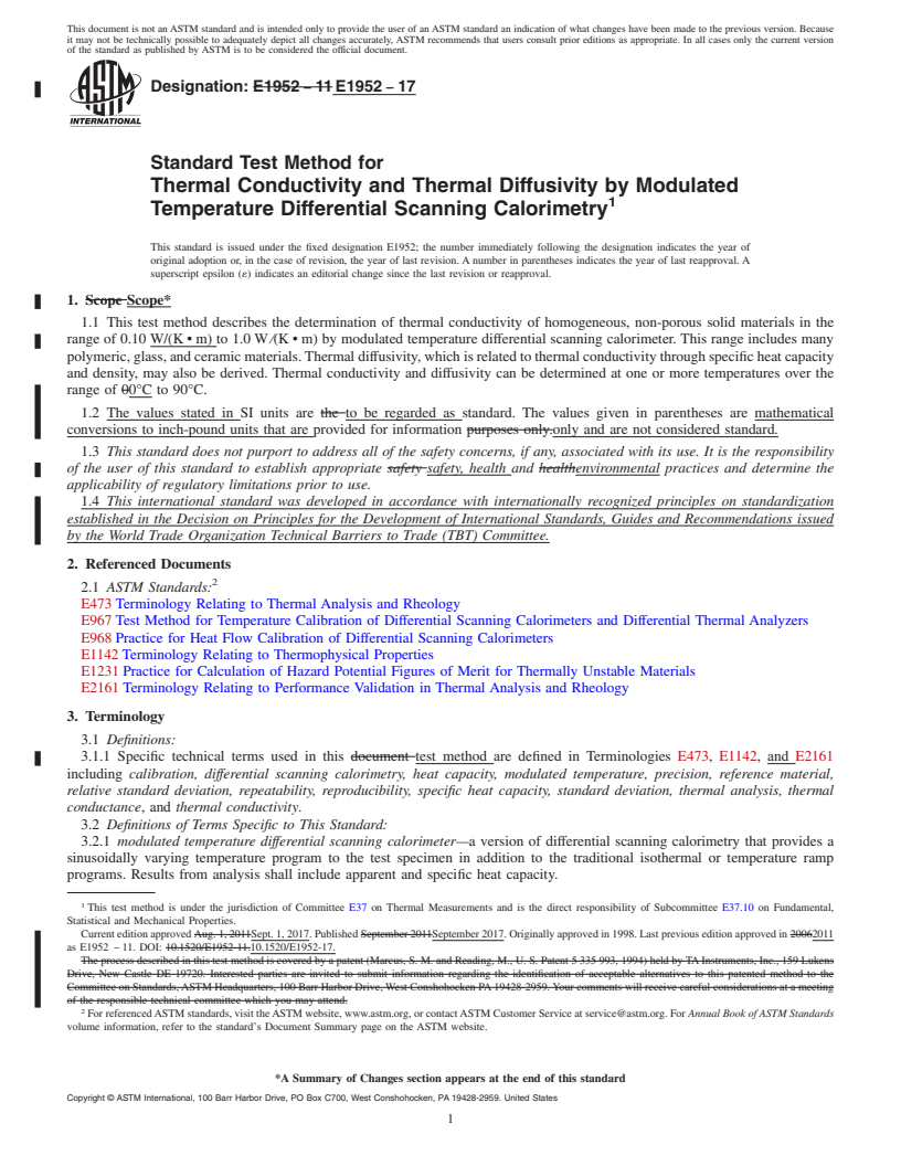 REDLINE ASTM E1952-17 - Standard Test Method for  Thermal Conductivity and Thermal Diffusivity by Modulated Temperature  Differential Scanning Calorimetry