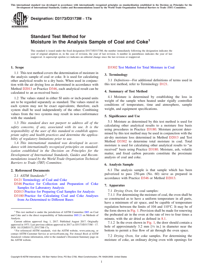 ASTM D3173/D3173M-17a - Standard Test Method for  Moisture in the Analysis Sample of Coal and Coke