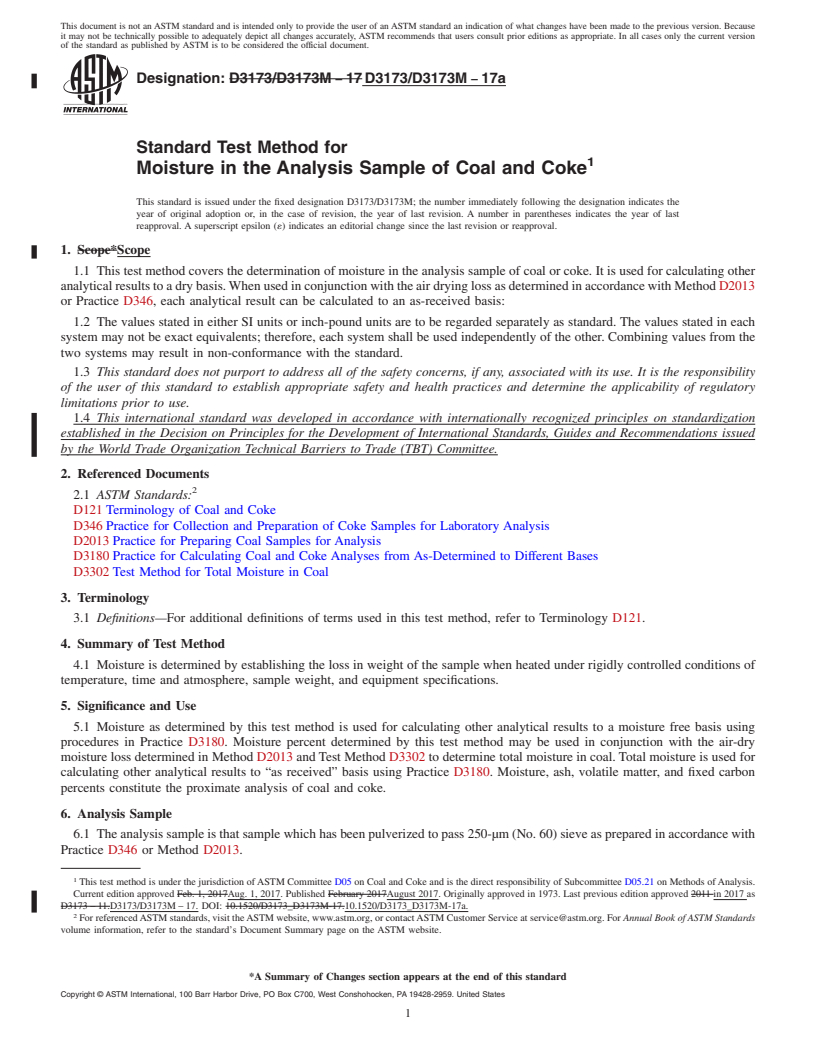 REDLINE ASTM D3173/D3173M-17a - Standard Test Method for  Moisture in the Analysis Sample of Coal and Coke