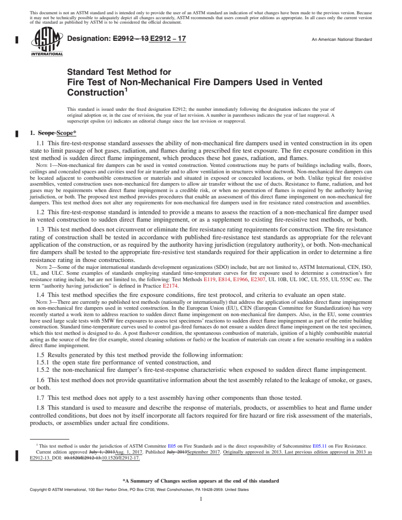 REDLINE ASTM E2912-17 - Standard Test Method for Fire Test of Non-Mechanical Fire Dampers Used in Vented Construction