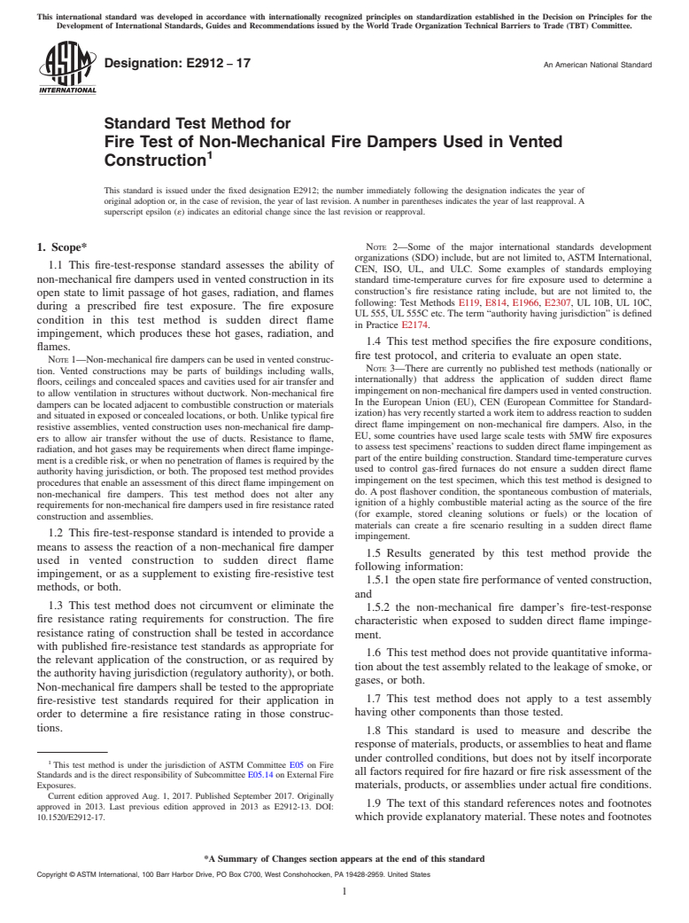 ASTM E2912-17 - Standard Test Method for Fire Test of Non-Mechanical Fire Dampers Used in Vented Construction