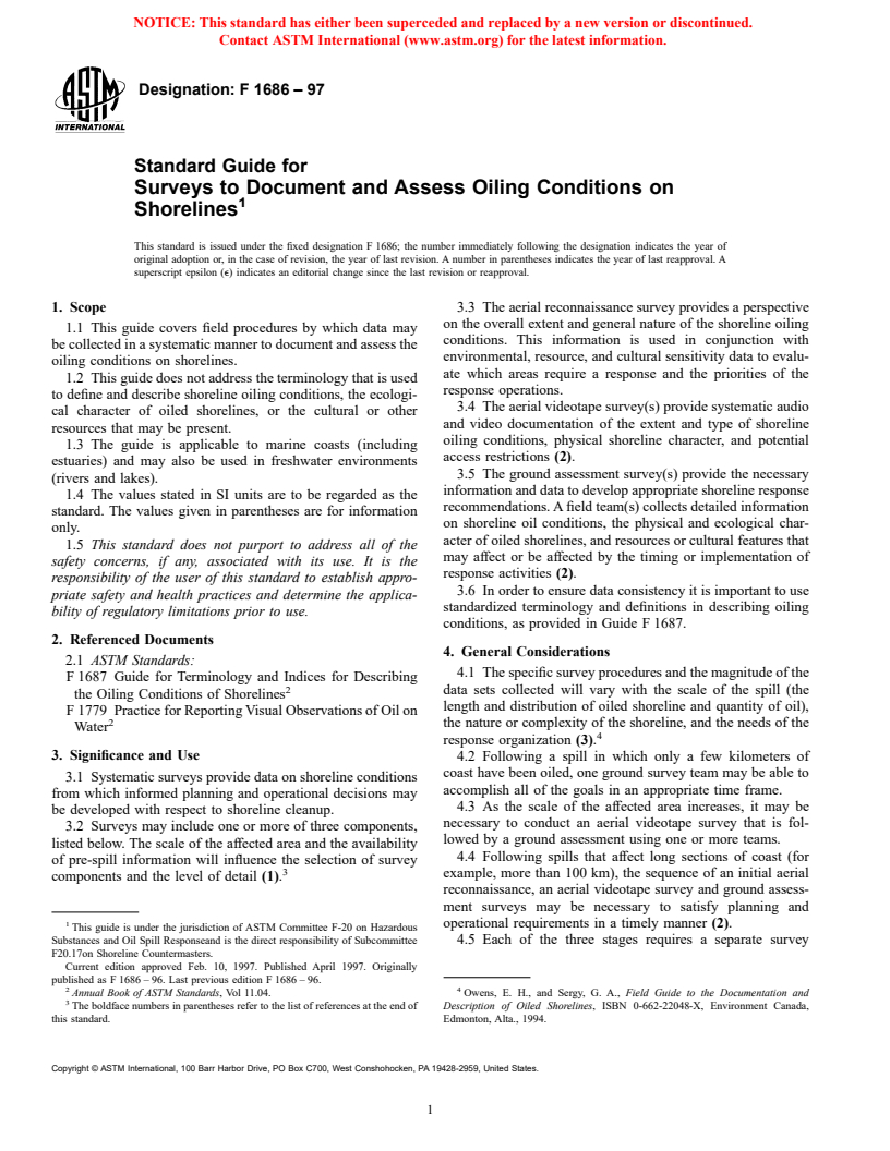 ASTM F1686-97 - Standard Guide for Surveys to Document and Assess Oiling Conditions on Shorelines