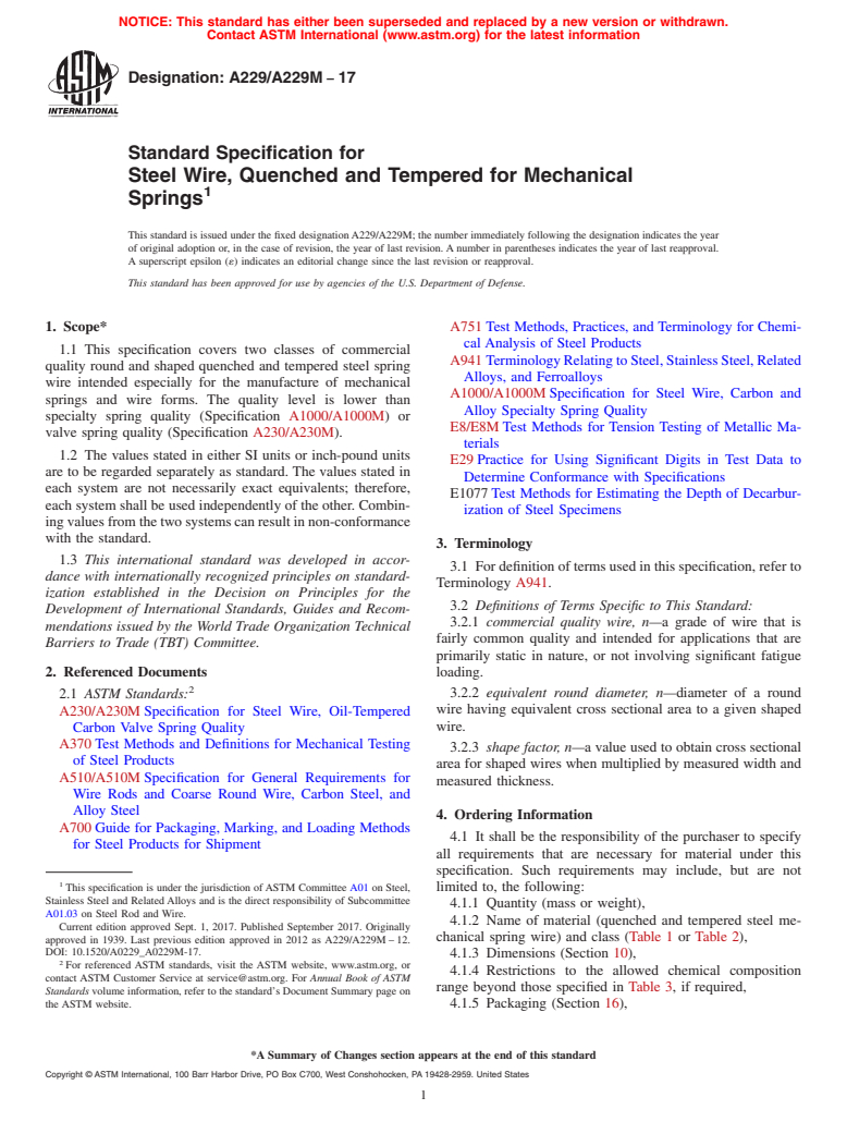 ASTM A229/A229M-17 - Standard Specification for  Steel Wire, Quenched and Tempered for Mechanical Springs