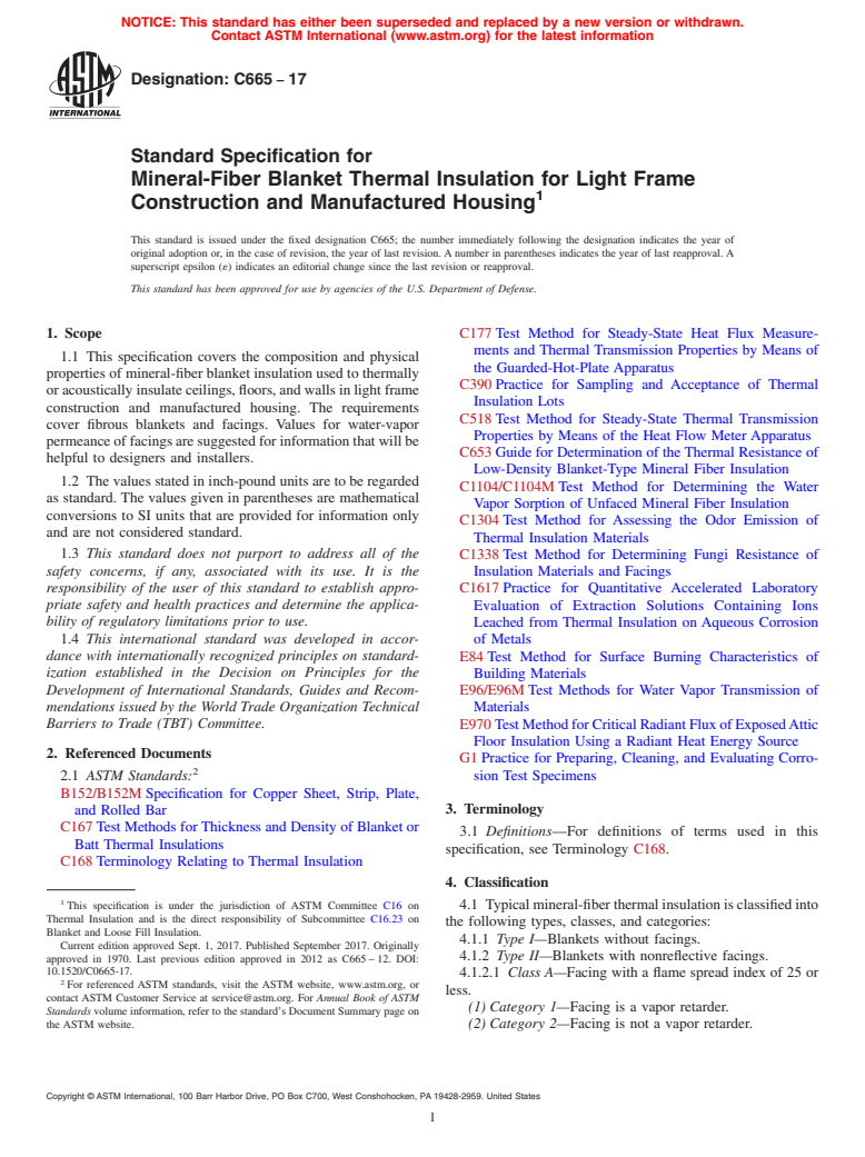 ASTM C665-17 - Standard Specification for  Mineral-Fiber Blanket Thermal Insulation for Light Frame Construction  and Manufactured Housing