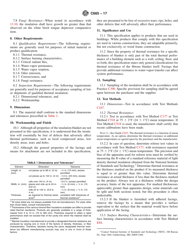 ASTM C665-17 - Standard Specification for  Mineral-Fiber Blanket Thermal Insulation for Light Frame Construction  and Manufactured Housing