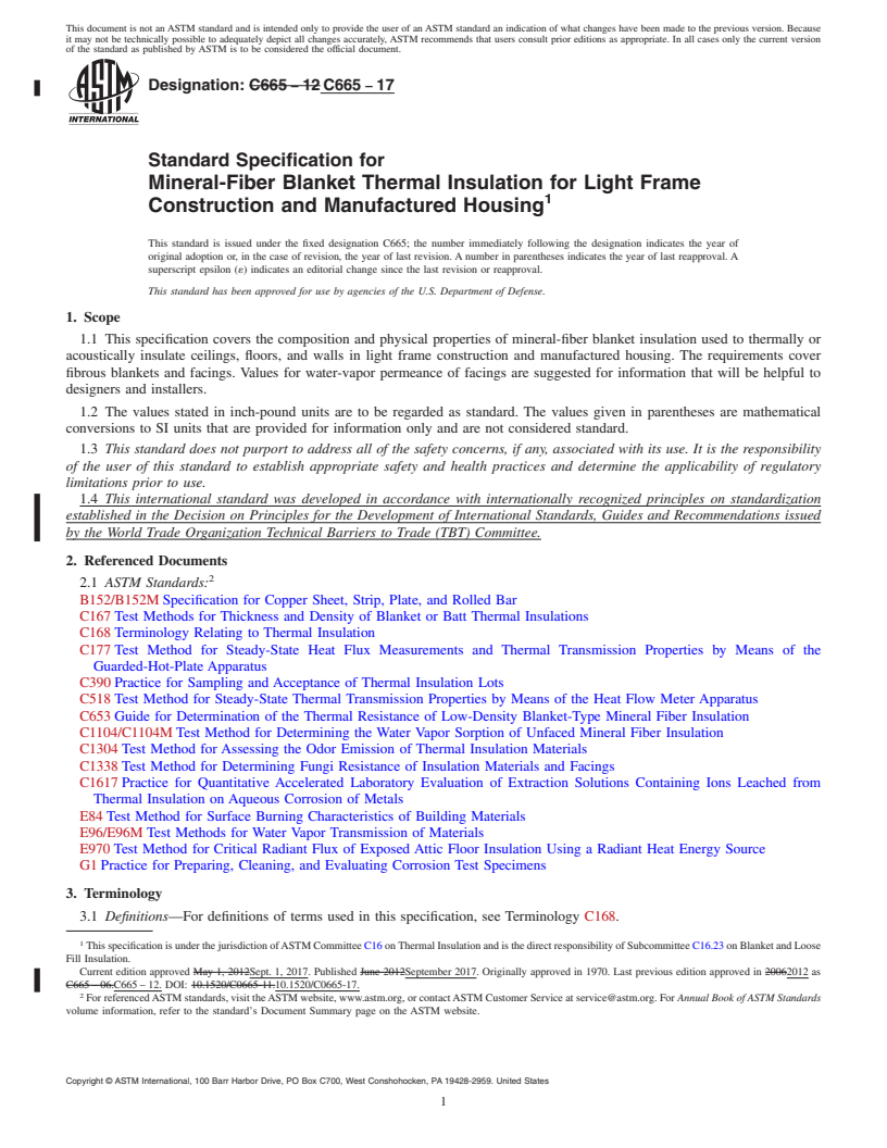 REDLINE ASTM C665-17 - Standard Specification for  Mineral-Fiber Blanket Thermal Insulation for Light Frame Construction  and Manufactured Housing