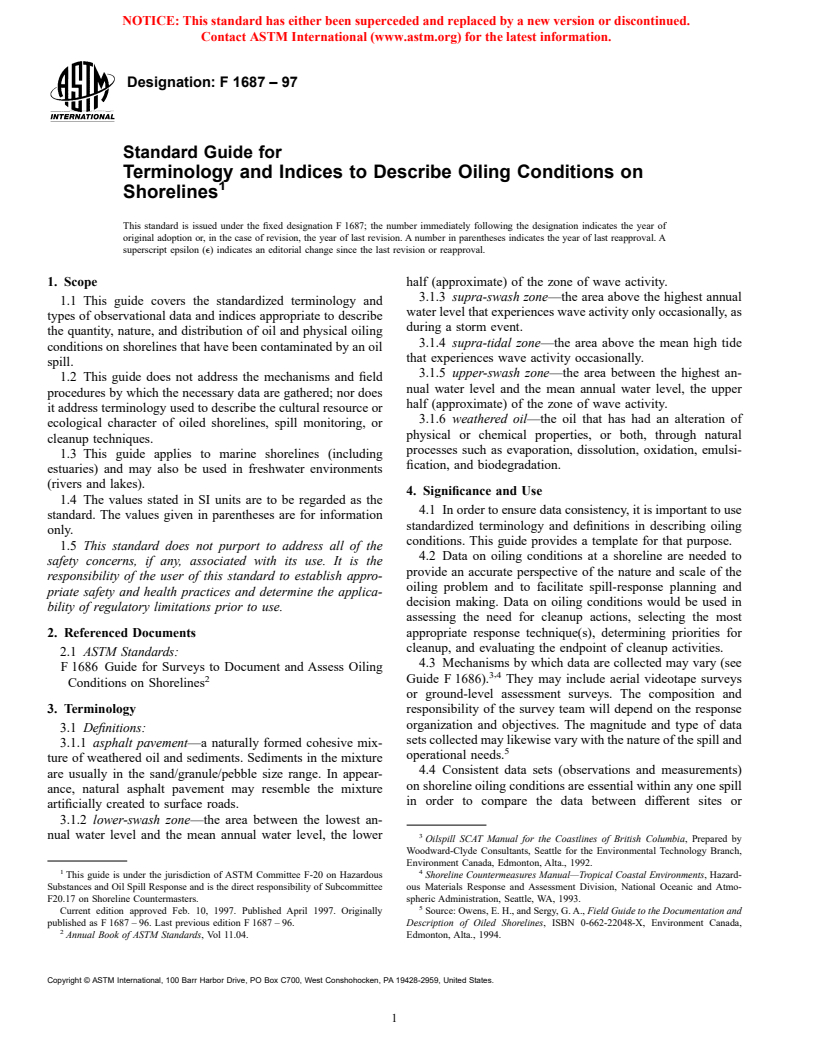 ASTM F1687-97 - Standard Guide for Terminology and Indices to Describe Oiling Conditions on Shorelines