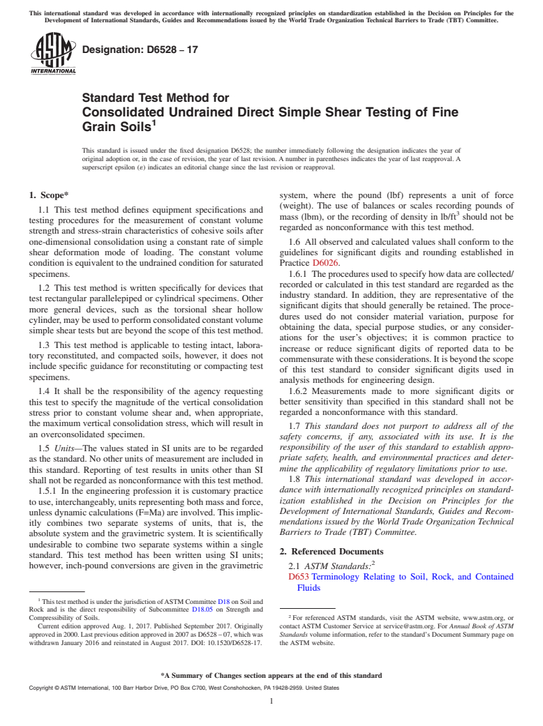 ASTM D6528-17 - Standard Test Method for  Consolidated Undrained Direct Simple Shear Testing of Fine  Grain Soils