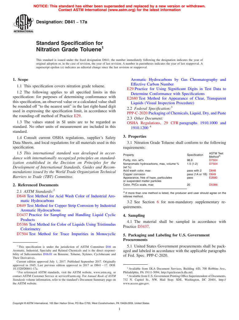 ASTM D841-17a - Standard Specification for Nitration Grade Toluene