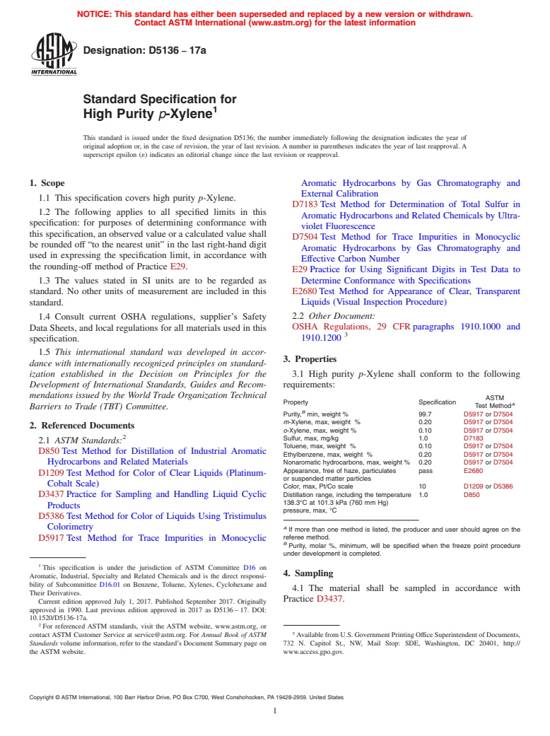 ASTM D5136-17a - Standard Specification for High Purity <emph type="ital">p</emph>-Xylene