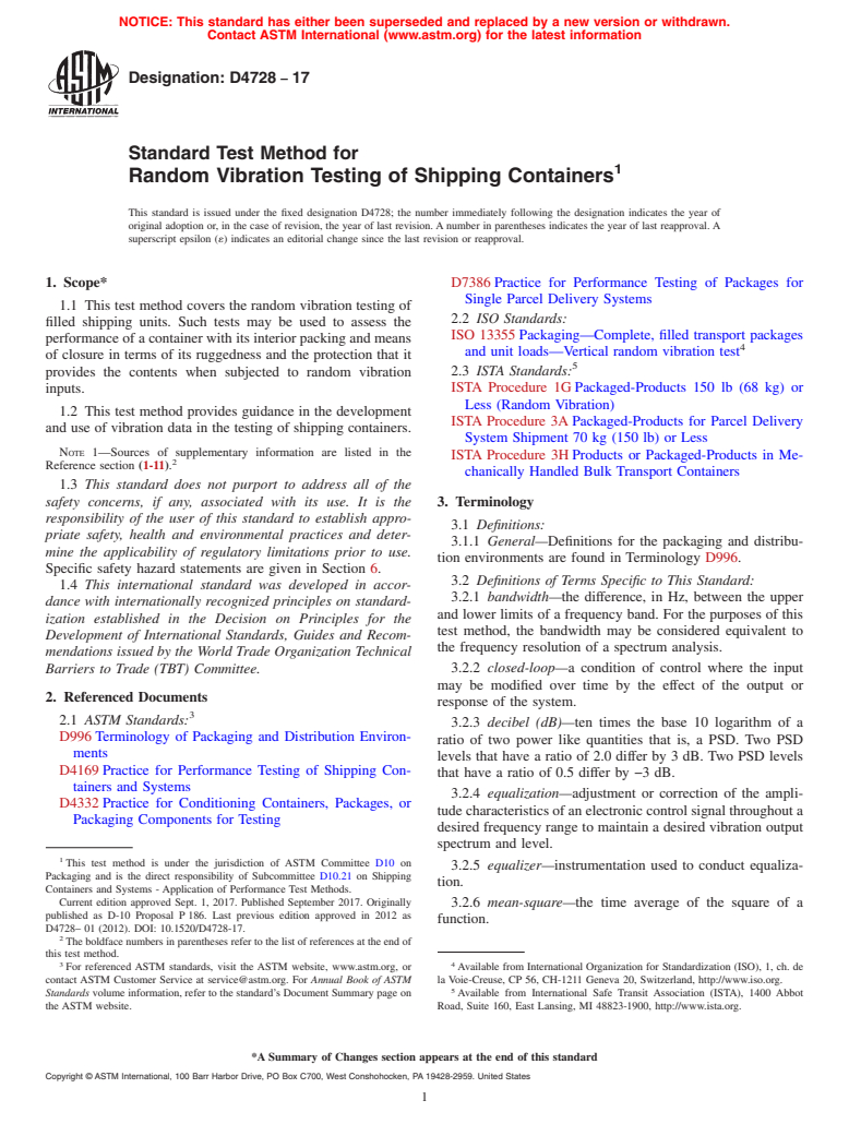 ASTM D4728-17 - Standard Test Method for Random Vibration Testing of Shipping Containers