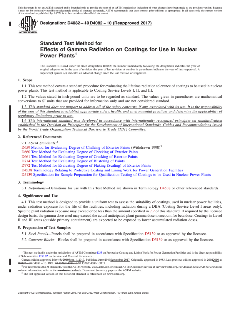 REDLINE ASTM D4082-10(2017) - Standard Test Method for Effects of Gamma Radiation on Coatings for Use in Nuclear Power   Plants