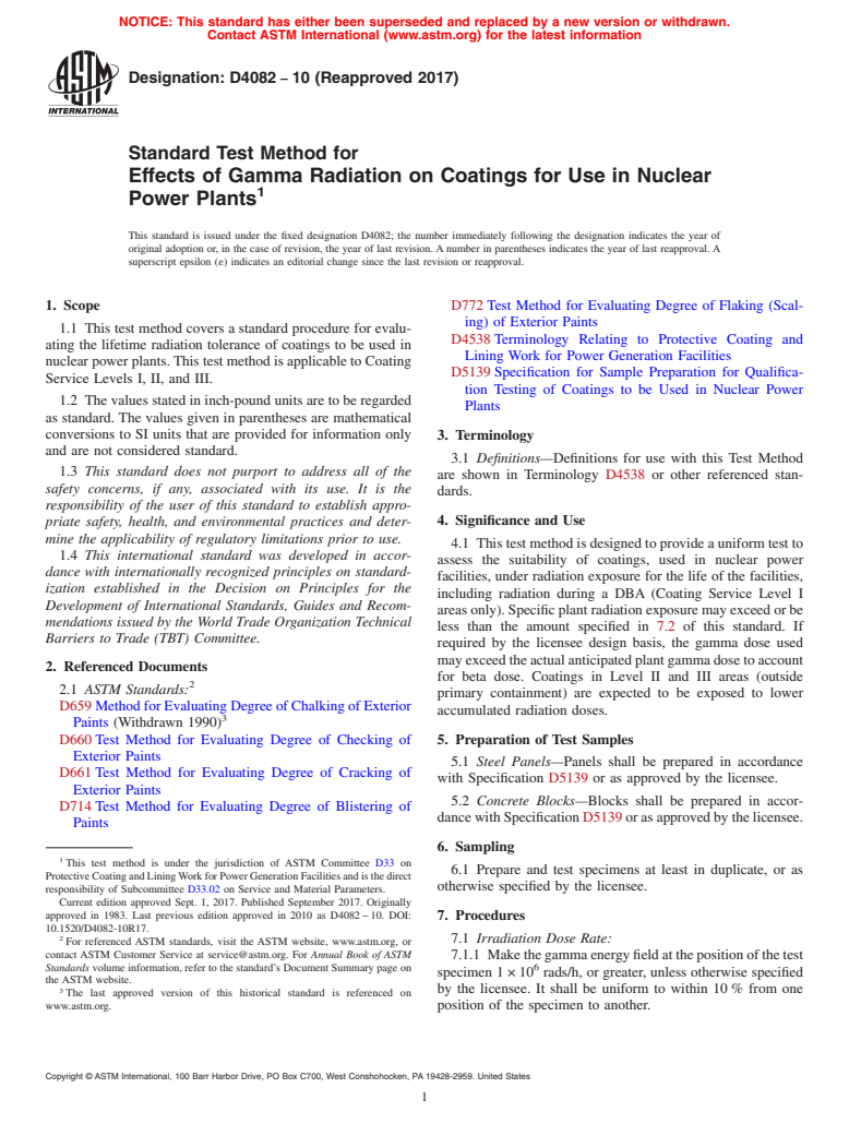 ASTM D4082-10(2017) - Standard Test Method for Effects of Gamma Radiation on Coatings for Use in Nuclear Power   Plants