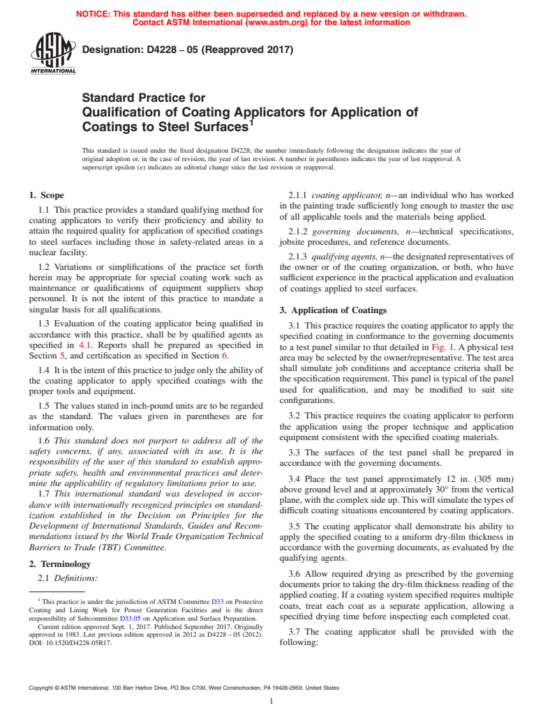 ASTM D4228-05(2017) - Standard Practice for Qualification of Coating Applicators for Application of Coatings  to   Steel Surfaces