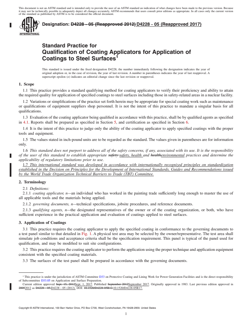 REDLINE ASTM D4228-05(2017) - Standard Practice for Qualification of Coating Applicators for Application of Coatings  to   Steel Surfaces