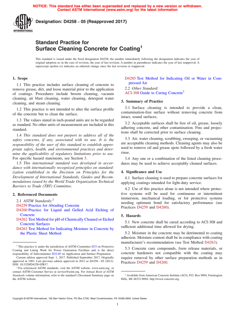 ASTM D4258-05(2017) - Standard Practice for Surface Cleaning Concrete for Coating