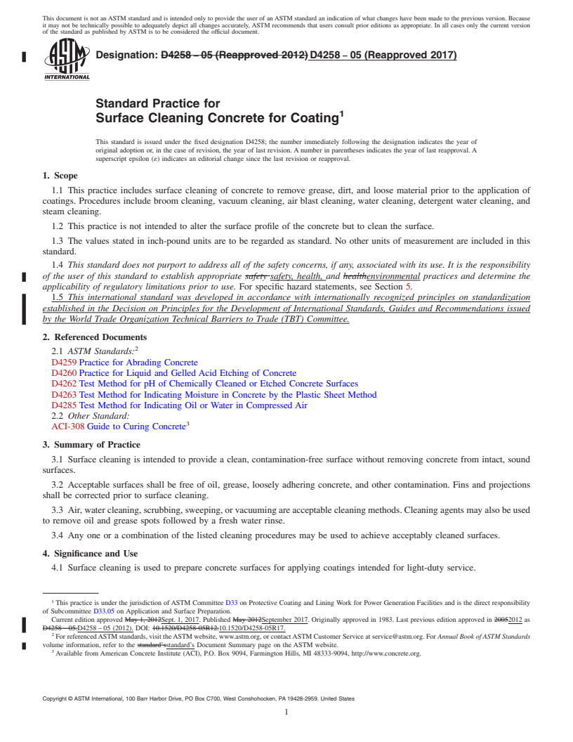 REDLINE ASTM D4258-05(2017) - Standard Practice for Surface Cleaning Concrete for Coating