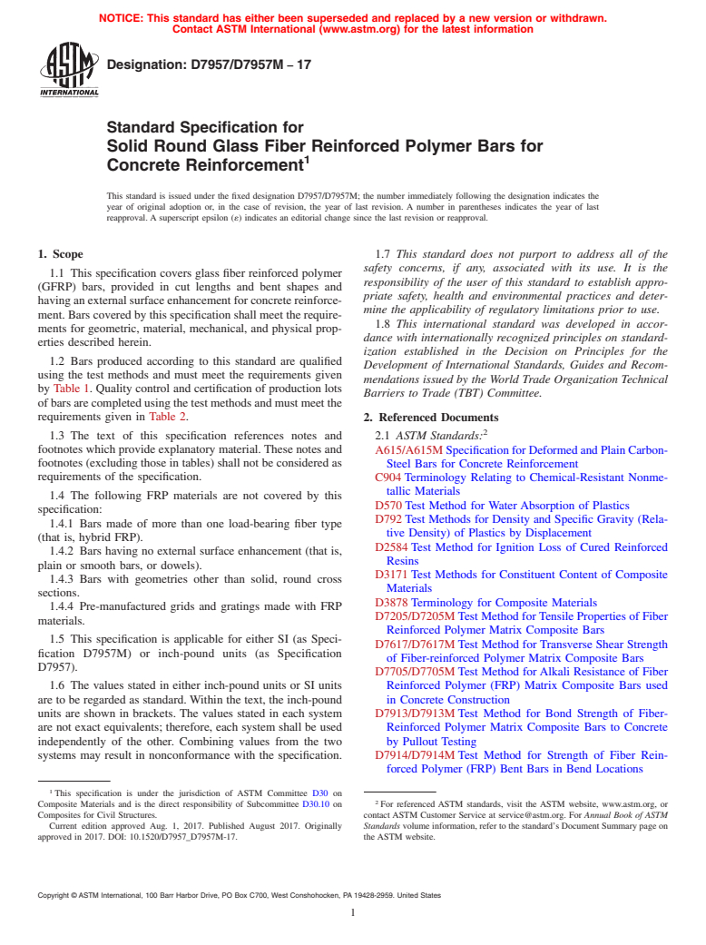 ASTM D7957/D7957M-17 - Standard Specification for Solid Round Glass Fiber Reinforced Polymer Bars for Concrete  Reinforcement