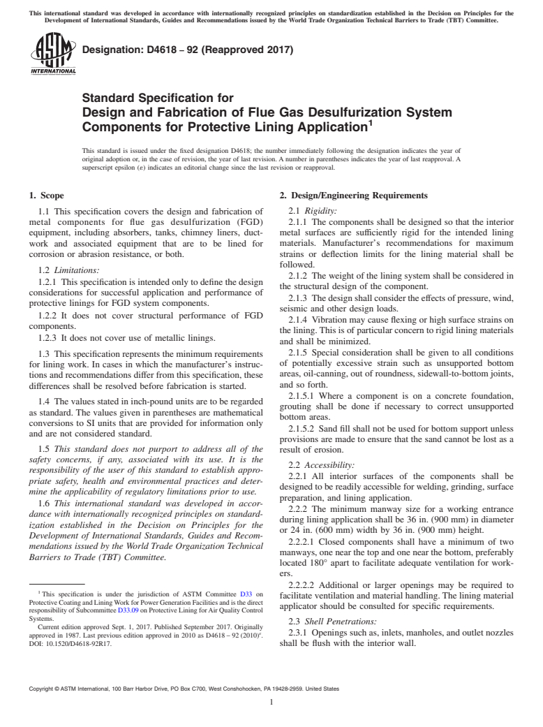 ASTM D4618-92(2017) - Standard Specification for Design and Fabrication of Flue Gas Desulfurization System Components   for Protective Lining Application