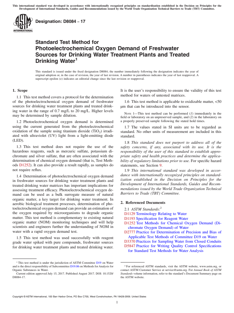 ASTM D8084-17 - Standard Test Method for Photoelectrochemical Oxygen Demand of Freshwater Sources for  Drinking Water Treatment Plants and Treated Drinking Water