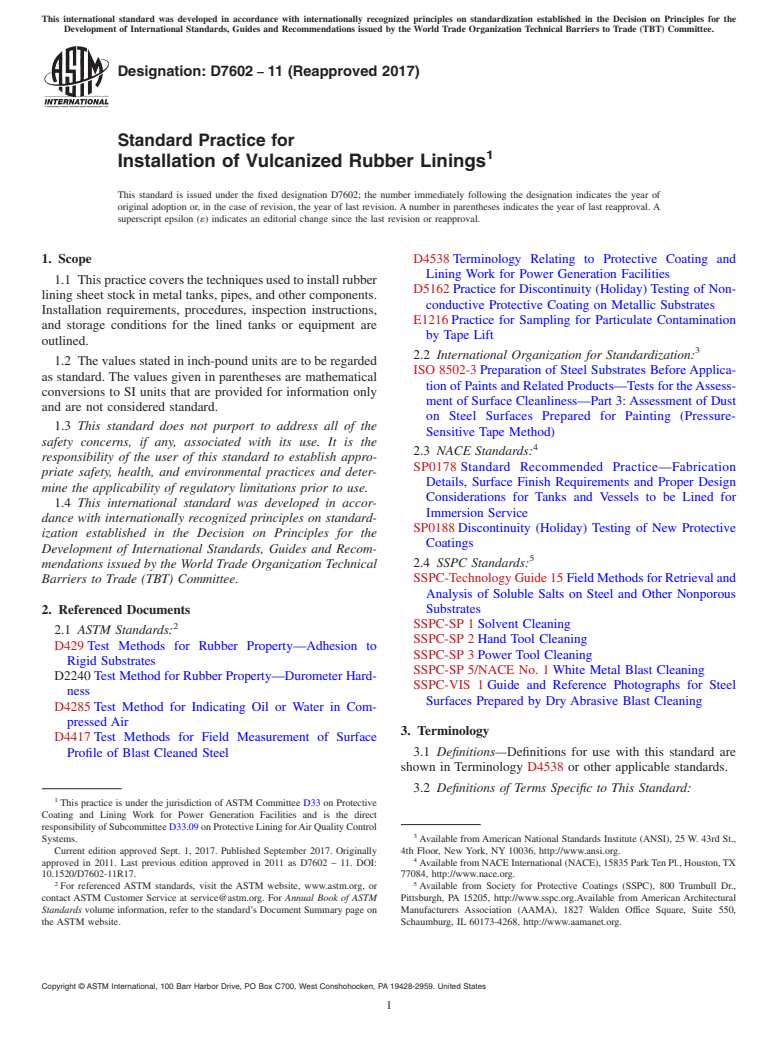 ASTM D7602-11(2017) - Standard Practice for Installation of Vulcanized Rubber Linings