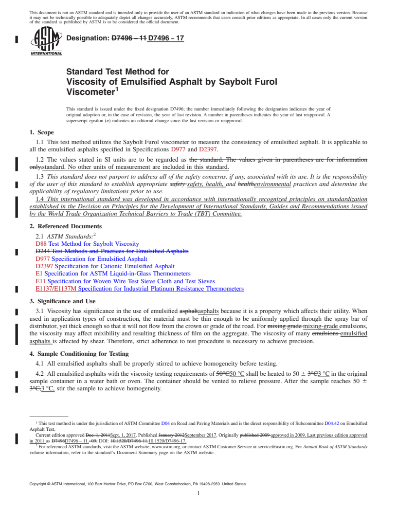 REDLINE ASTM D7496-17 - Standard Test Method for  Viscosity of Emulsified Asphalt by Saybolt Furol Viscometer