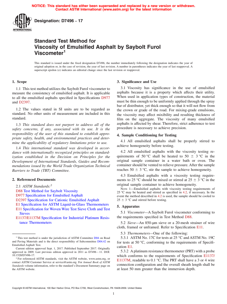 ASTM D7496-17 - Standard Test Method for  Viscosity of Emulsified Asphalt by Saybolt Furol Viscometer