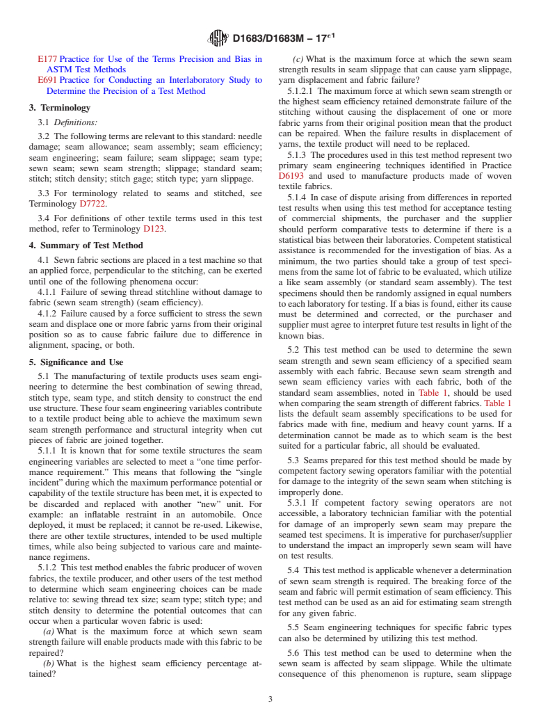 ASTM D1683/D1683M-17e1 - Standard Test Method for  Failure in Sewn Seams of Woven Fabrics