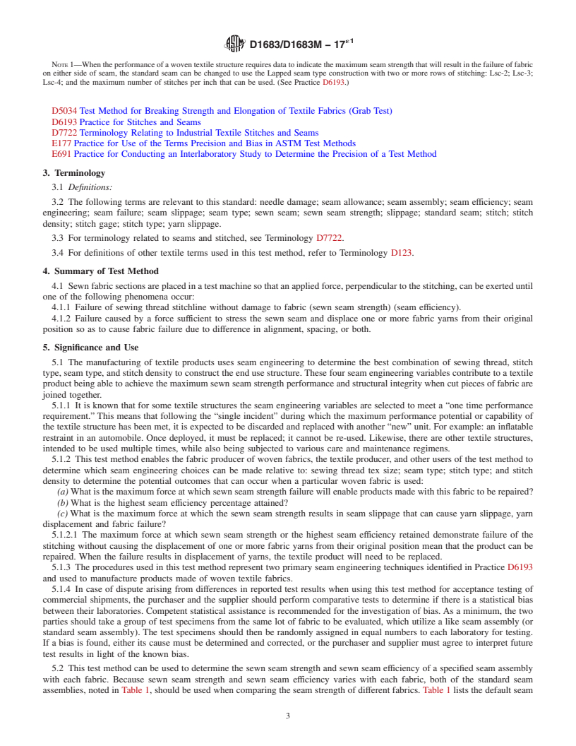 REDLINE ASTM D1683/D1683M-17e1 - Standard Test Method for  Failure in Sewn Seams of Woven Fabrics