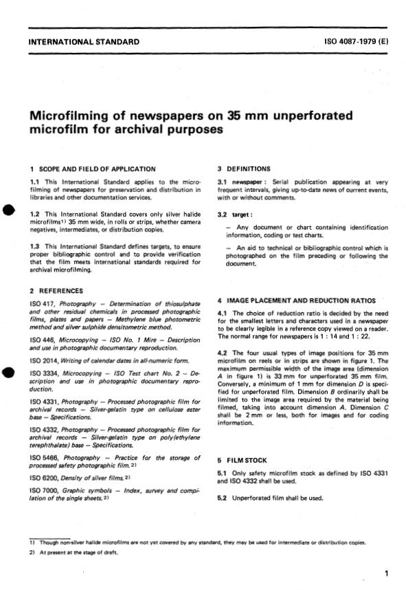 ISO 4087:1979 - Microfilming of newspapers on 35 mm unperforated microfilm for archival purposes