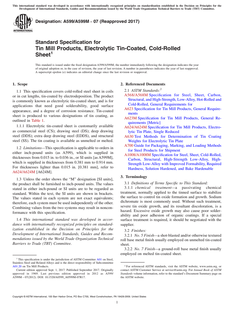 ASTM A599/A599M-07(2017) - Standard Specification for  Tin Mill Products, Electrolytic Tin-Coated, Cold-Rolled Sheet