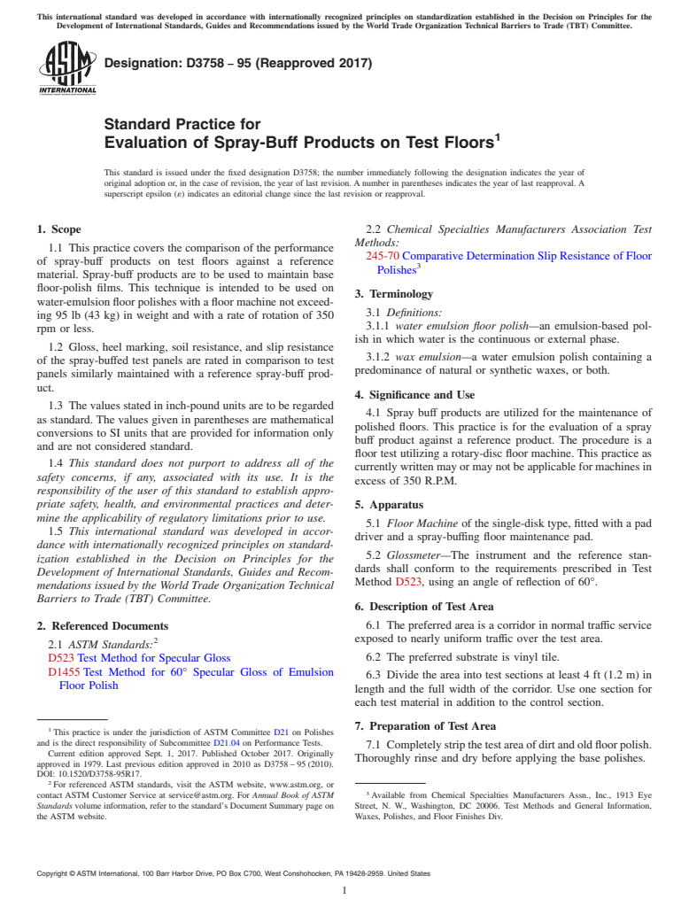 ASTM D3758-95(2017) - Standard Practice for  Evaluation of Spray-Buff Products on Test Floors