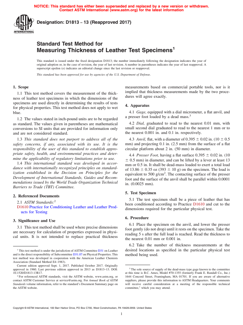 ASTM D1813-13(2017) - Standard Test Method for  Measuring Thickness of Leather Test Specimens