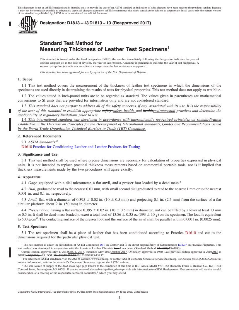 REDLINE ASTM D1813-13(2017) - Standard Test Method for  Measuring Thickness of Leather Test Specimens