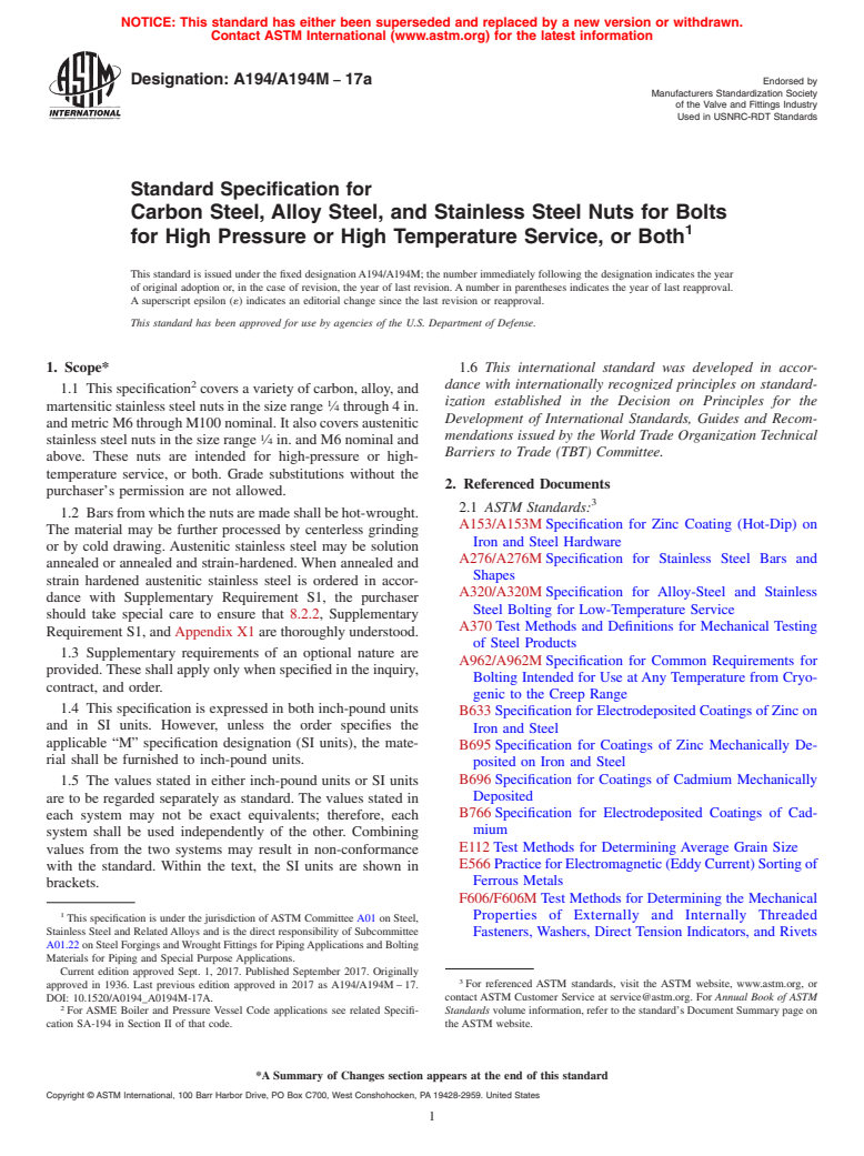 ASTM A194/A194M-17a - Standard Specification for  Carbon Steel, Alloy Steel, and Stainless Steel Nuts for Bolts  for High Pressure or High Temperature Service, or Both